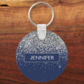 Monogram Navy Blue Silver Glam Glitter Sleutelhanger (Voorkant)