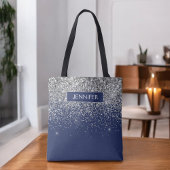 Monogram Navy Blue Silver Glam Glitter Tote Bag