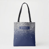 Monogram Navy Blue Silver Glam Glitter Tote Bag (Voorkant)