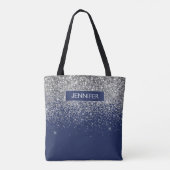 Monogram Navy Blue Silver Glam Glitter Tote Bag (Achterkant)