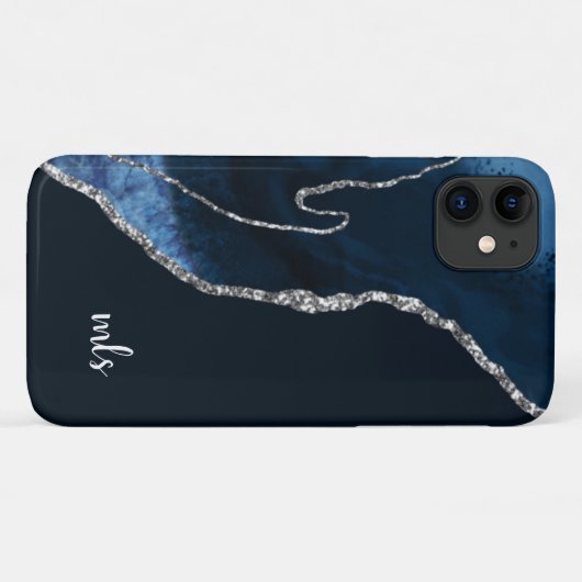 Monogram Navy Blue Silver Glitter Chic Modern Case-Mate iPhone Case (Achterkant (horizontaal))