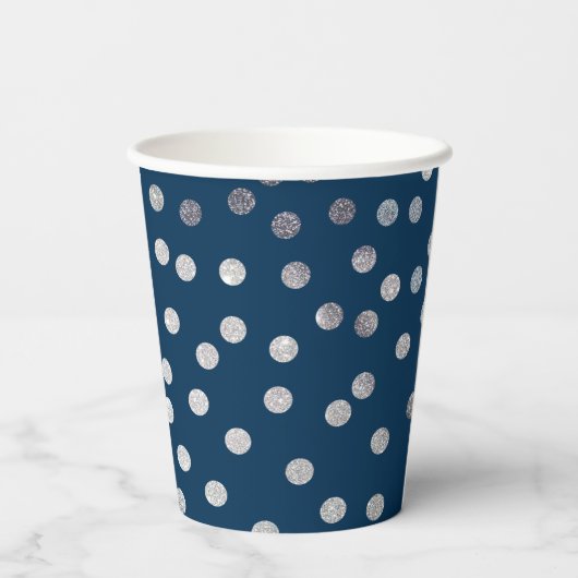 Monogram Navy Blue Silver Glitter Dot Pattern Papieren Bekers (Achterkant)