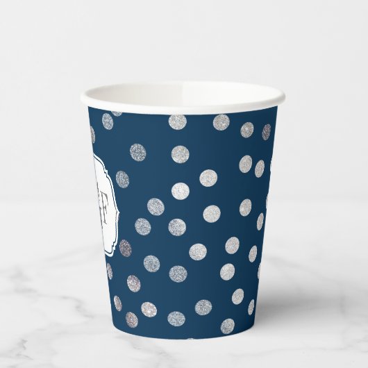Monogram Navy Blue Silver Glitter Dot Pattern Papieren Bekers (Links)