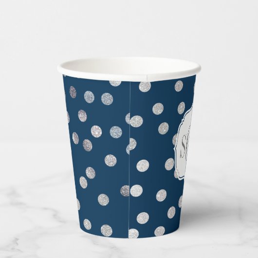 Monogram Navy Blue Silver Glitter Dot Pattern Papieren Bekers (Rechts)