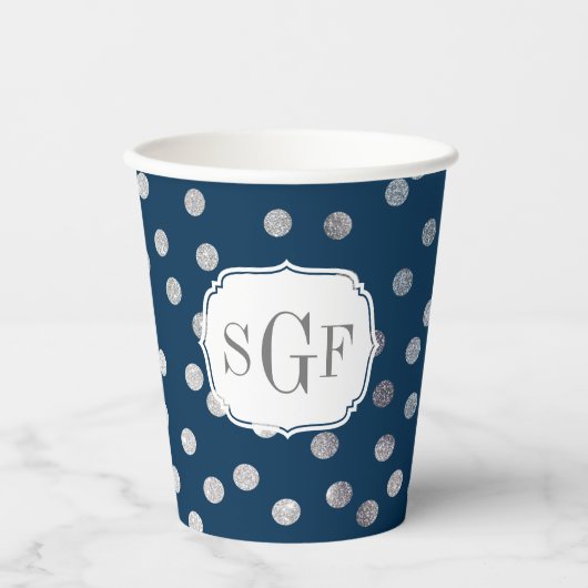 Monogram Navy Blue Silver Glitter Dot Pattern Papieren Bekers (Voorkant)