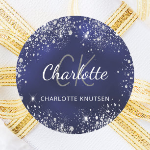 Monogram Navy Blue Silver Glitter Ronde Sticker