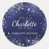 Monogram Navy Blue Silver Glitter Ronde Sticker (Voorkant)