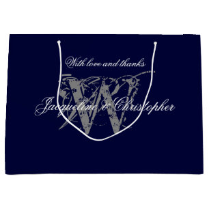 Monogram Navy Blue Silver White Elegant Wedding Groot Cadeauzakje