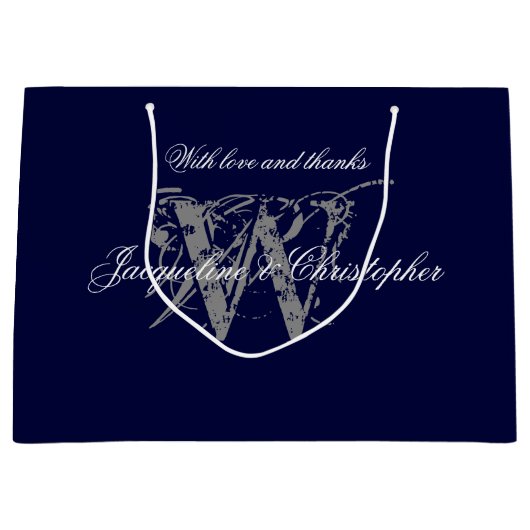 Monogram Navy Blue Silver White Elegant Wedding Groot Cadeauzakje (Voorkant)