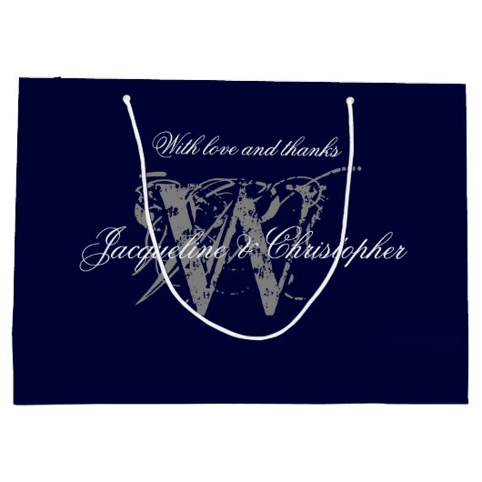 Monogram Navy Blue Silver White Elegant Wedding Groot Cadeauzakje (Achterkant)