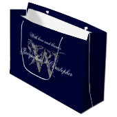 Monogram Navy Blue Silver White Elegant Wedding Groot Cadeauzakje (Voorkant Gekanteld)