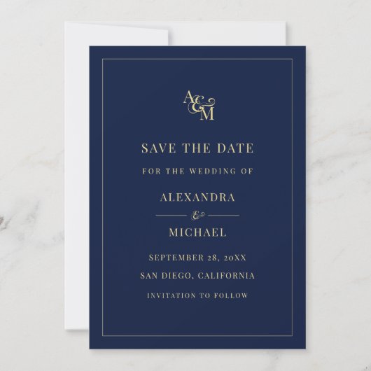 Monogram Navy Blue Simple Elegant Modern Wedding Save The Date (Voorkant)