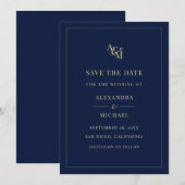 Monogram Navy Blue Simple Elegant Modern Wedding Save The Date (Voorkant / Achterkant)
