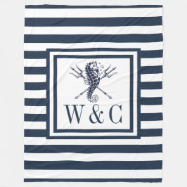 Monogram Navy Blue Stripe Nautical Seahorse Fleece Deken