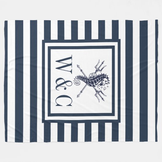Monogram Navy Blue Stripe Nautical Seahorse Fleece Deken (Voorkant (Horizontaal))