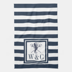 Monogram Navy Blue Stripe Seahorse Nautical Theedoek