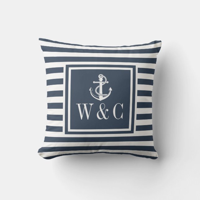 Monogram Navy Blue Striped Nautical Anchor Buitenkussen (Voorkant)