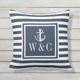 Monogram Navy Blue Striped Nautical Anchor Buitenkussen