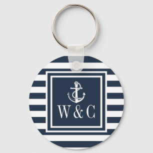 Monogram Navy Blue Striped Nautical Boat Anchor Sleutelhanger