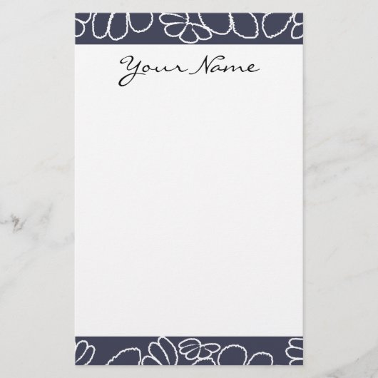 Monogram Navy Blue Whimsical Ikat Floral Pattern Briefpapier (Voorkant)