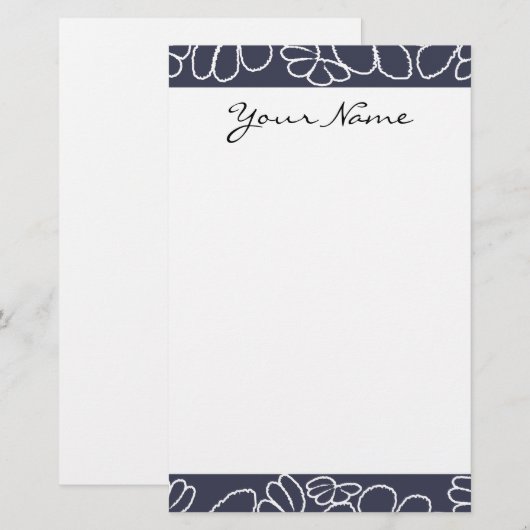 Monogram Navy Blue Whimsical Ikat Floral Pattern Briefpapier (Voorkant / Achterkant)