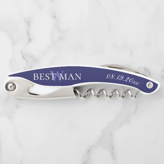 Monogram Navy Blue White Best Man Wedding Kurkentrekker (Voorkant)