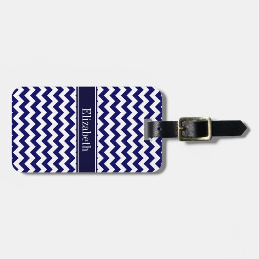 Monogram Navy Blue White Chevron Navy Bagagelabel (Voorkant horizontaal)