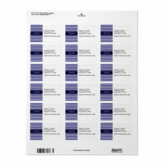 Monogram Navy Blue White Chevron Navy Etiket (Full Sheet)