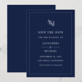 Monogram Navy Blue White Elegant Modern Wedding Save The Date (Voorkant / Achterkant)