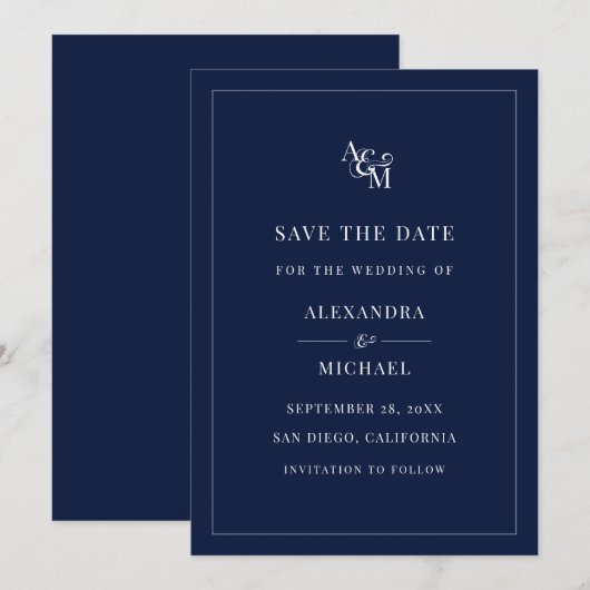 Monogram Navy Blue White Elegant Modern Wedding Save The Date (Voorkant / Achterkant)