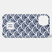 Monogram Navy Blue & White Fishscale Pattern iPhone Hoesje (Achterkant horizontaal)