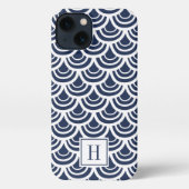 Monogram Navy Blue & White Fishscale Pattern iPhone Hoesje (Achterkant)