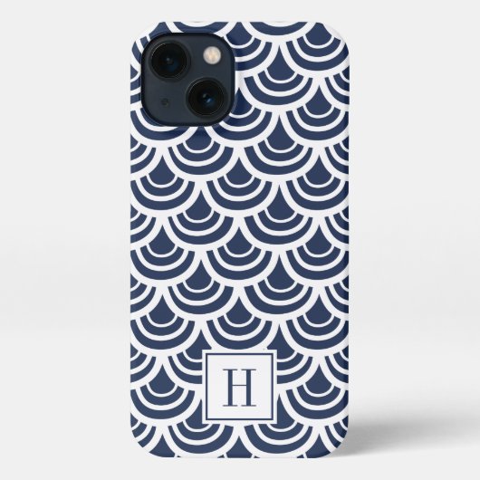 Monogram Navy Blue & White Fishscale Pattern iPhone Hoesje (Achterkant)