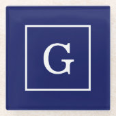 Monogram Navy Blue White Initiaal Glazen Onderzetter (Voorkant)