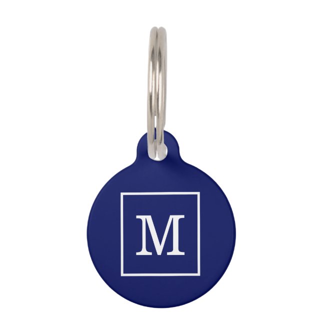 Monogram Navy Blue White Initiaal Huisdierpenning (Voorkant)