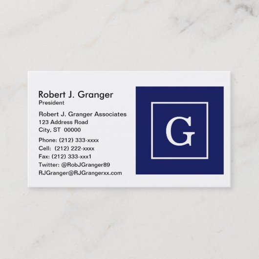 Monogram Navy Blue White Initiaal Visitekaartje (Voorkant)
