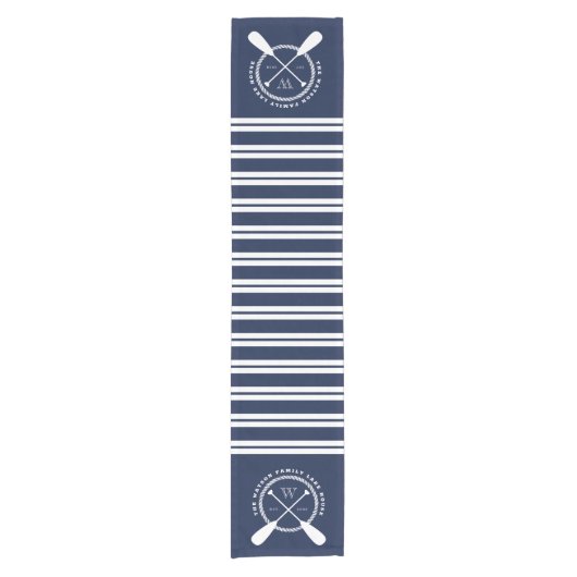 Monogram Navy Blue White Nautical Lake House Korte Tafelloper (Voorkant)