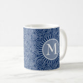 Monogram Navy Blue White Spirals - Gepersonaliseer Koffiemok (Voorkant rechts)
