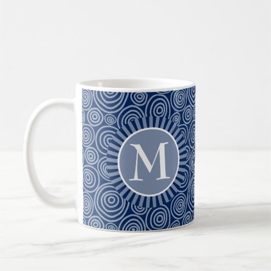 Monogram Navy Blue White Spirals - Gepersonaliseer Koffiemok (Links)