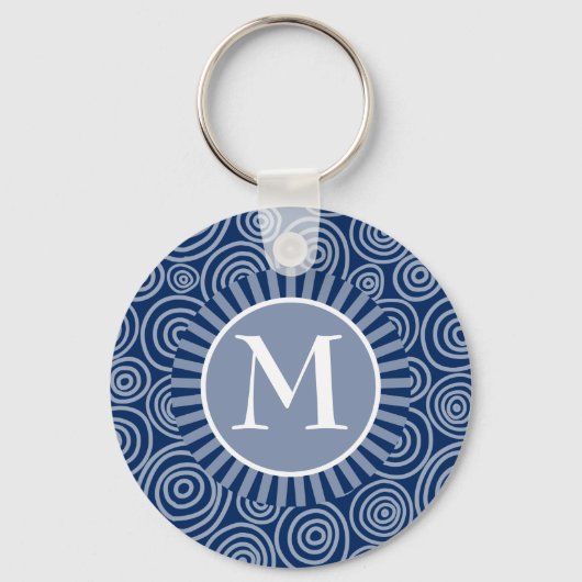 Monogram Navy Blue White Spirals - Gepersonaliseer Sleutelhanger (Voorkant)