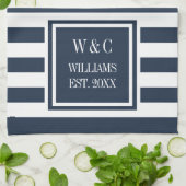 Monogram Navy Blue White Stripe, gepersonaliseerd Theedoek (Gevouwen)