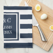 Monogram Navy Blue White Stripe, gepersonaliseerd Theedoek (Quarter Fold)