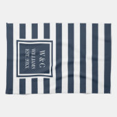 Monogram Navy Blue White Stripe, gepersonaliseerd Theedoek (Horizontaal)