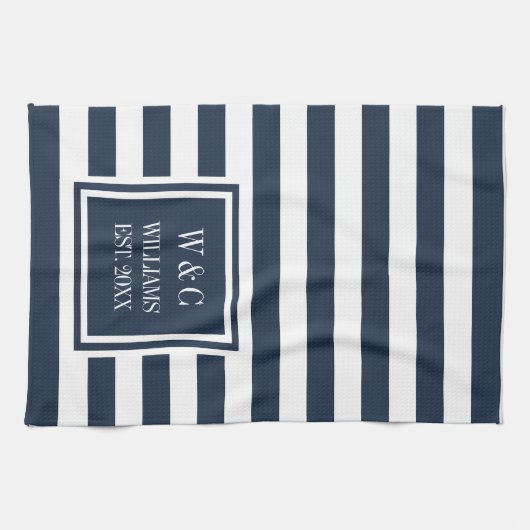 Monogram Navy Blue White Stripe, gepersonaliseerd Theedoek (Horizontaal)