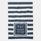 Monogram Navy Blue White Stripe, gepersonaliseerd Theedoek (Verticaal)