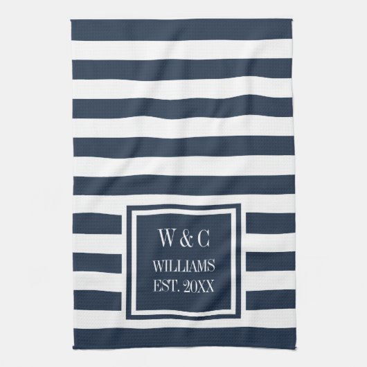Monogram Navy Blue White Stripe, gepersonaliseerd Theedoek (Verticaal)