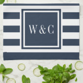 Monogram Navy Blue White Stripe, gepersonaliseerd Theedoek (Gevouwen)