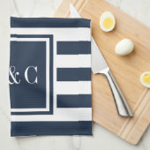 Monogram Navy Blue White Stripe, gepersonaliseerd Theedoek (Quarter Fold)