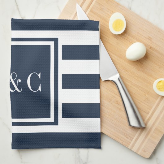 Monogram Navy Blue White Stripe, gepersonaliseerd Theedoek (Quarter Fold)