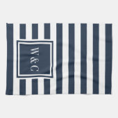 Monogram Navy Blue White Stripe, gepersonaliseerd Theedoek (Horizontaal)